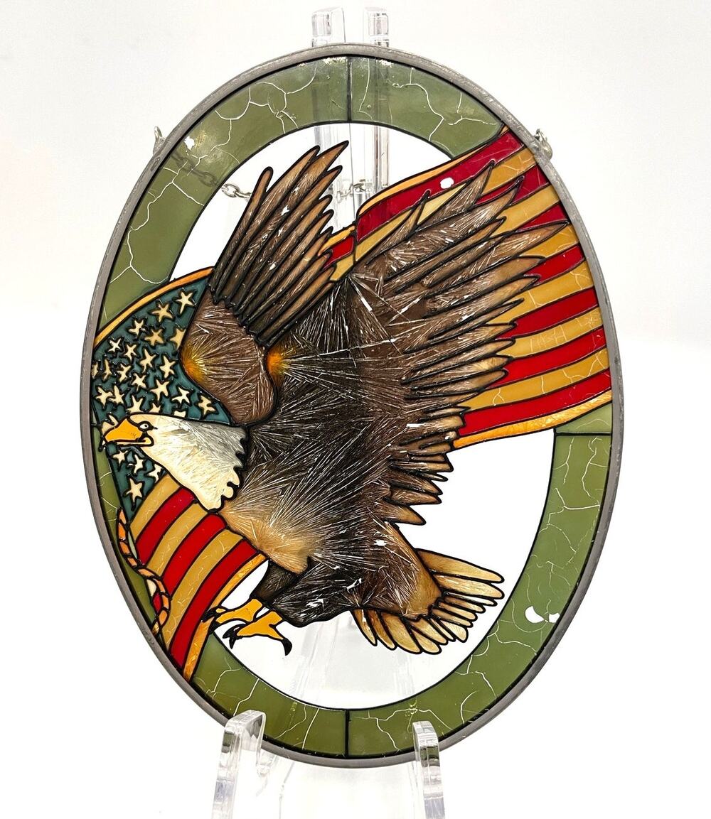 Oval American USA Flag & Bald Eagle Painted Stain Glass Window Hanging Decor